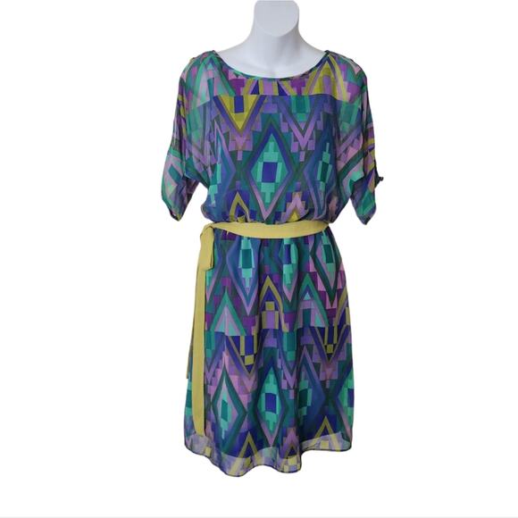 ADRIANNA PAPELL Green Yellow Purple  Geometric Print Cold Shoulder Sleeve Dress - Picture 2 of 11